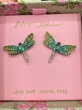Betsey Johnson Sparkly Green/Blue Dragonfly Earrings NWT